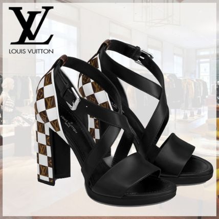 Louis Vuitton Monogram Open Toe Casual Style Bi color Leather Block Heels 