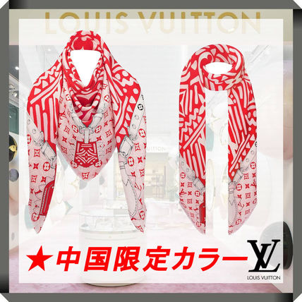 Louis Vuitton MONOGRAM 2020 21AW Wool Silk Logo Knit  Fur Scarves M76483 