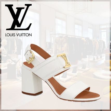 Louis Vuitton Open Toe Plain Leather Block Heels Chunky Heels Logo 
