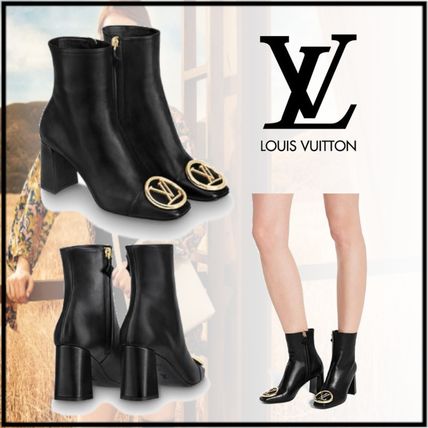 Louis Vuitton Plain Leather Block Heels Logo High Heel Boots 