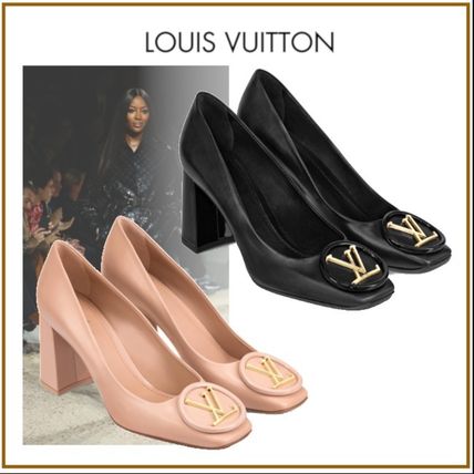 Louis Vuitton Square Toe Blended Fabrics Plain Leather Block Heels 