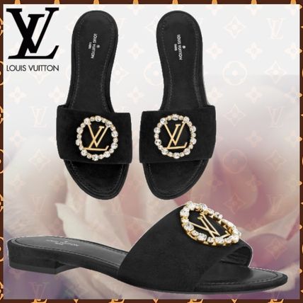 Louis Vuitton Open Toe Blended Fabrics Bi color Plain Leather Block Heels 