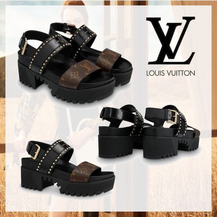 Louis Vuitton Monogram Platform Studded Plain Leather Logo Strap Sandals 