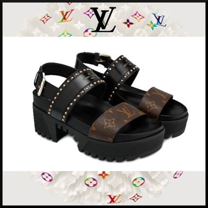 Louis Vuitton 2020 SS Monogram Open Toe Casual Style Leather Block Heels 1A6655 