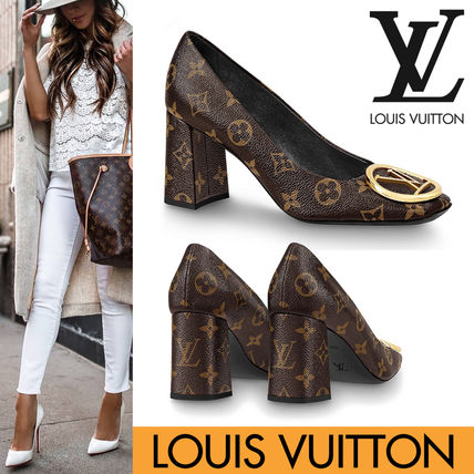Louis Vuitton Monogram Leather Block Heels Party Style Elegant Style 