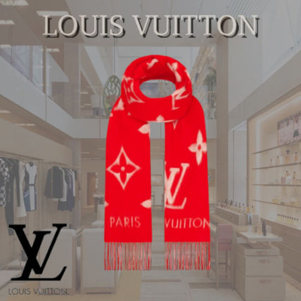 Louis Vuitton MONOGRAM Monogram Cashmere Bi color Fringes Logo Knit  Fur Scarves M70813 