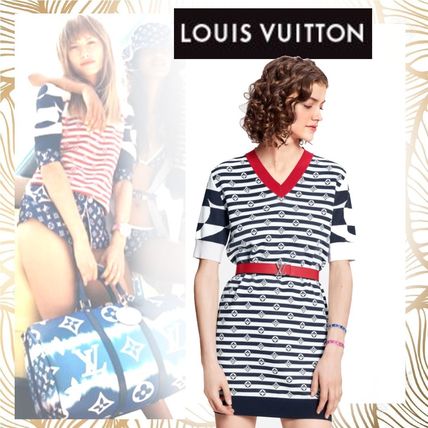 Louis Vuitton 2020 SS Short Stripes Monogram Casual Style Wool Silk V Neck Cotton 