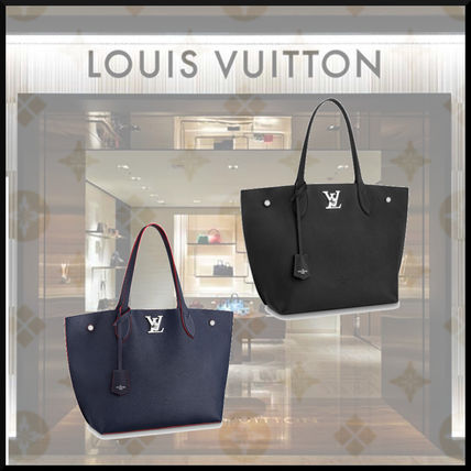 Louis Vuitton LOCKME Plain Leather Office Style Elegant Style Logo Totes 
