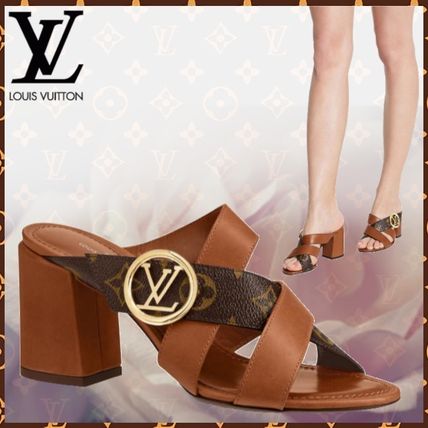 Louis Vuitton MONOGRAM Open Toe Blended Fabrics Bi color Plain Leather Block Heels 