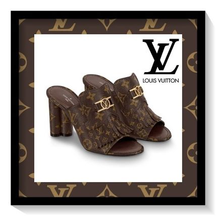 Louis Vuitton Open Toe Blended Fabrics Leather Elegant Style Chunky Heels 1A8659 