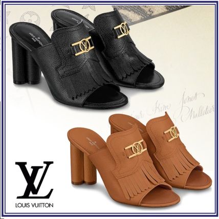 Louis Vuitton 2020 21AW Open Toe Plain Leather Block Heels Elegant Style Mules Logo 
