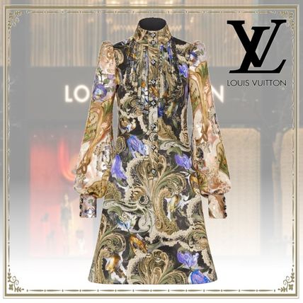 Louis Vuitton Silk Long Sleeves Elegant Style Dresses 