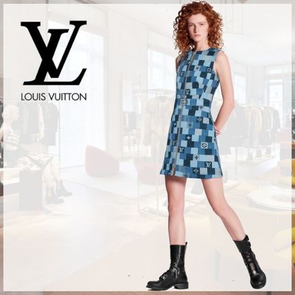Louis Vuitton Short Denim Sleeveless Cotton Logo Dresses 
