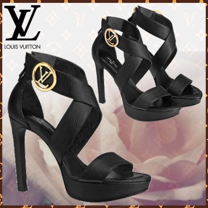 Louis Vuitton Open Toe Blended Fabrics Bi color Plain Leather Pin Heels 