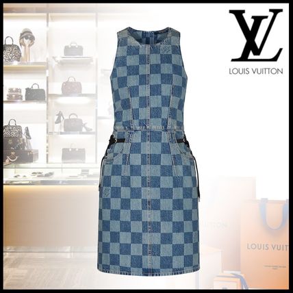Louis Vuitton DAMIER 2019 20AW Crew Neck Short Other Plaid Patterns A line Denim Sleeveless 1A5QZF 1A5QZE 1A5QZD 1A5QZC 1A5QZB 