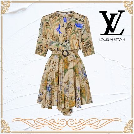 Louis Vuitton 2020 21AW Short Flower Patterns A line Silk Flared U Neck Cropped 1A7T2J 