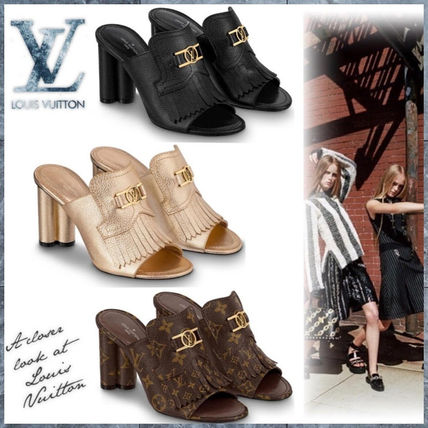 Louis Vuitton MONOGRAM 2020 SS Plain Leather Block Heels Mules Logo Heeled Sandals 1A8659 1A87SC 1A85V7 