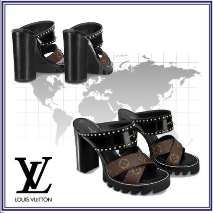 Louis Vuitton 2020 SS Monogram Open Toe Plain Leather Block Heels Elegant Style 