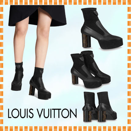 Louis Vuitton Monogram Plain Block Heels Elegant Style Mid Heel Boots 