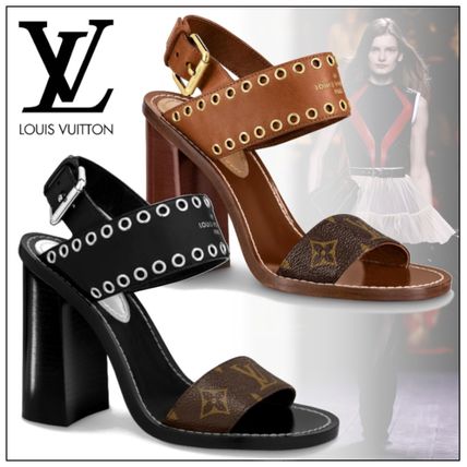 Louis Vuitton 2020 21AW Monogram Open Toe Casual Style Leather Block Heels 1A6425 1A642K 