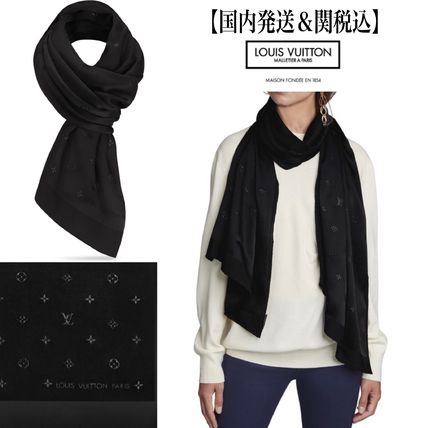 Louis Vuitton Monogram Unisex Silk Logo Knit  Fur Scarves 