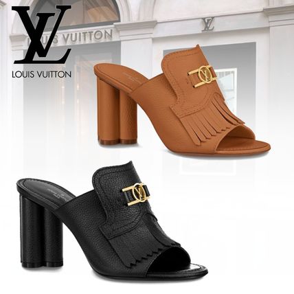 Louis Vuitton 2020 21AW Open Toe Casual Style Plain Leather Block Heels Fringes 1A85VA 1A85WY 