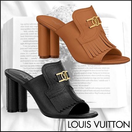 Louis Vuitton 2020 SS Open Toe Casual Style Plain Leather Block Heels Fringes 1A85VF 1A85X3 