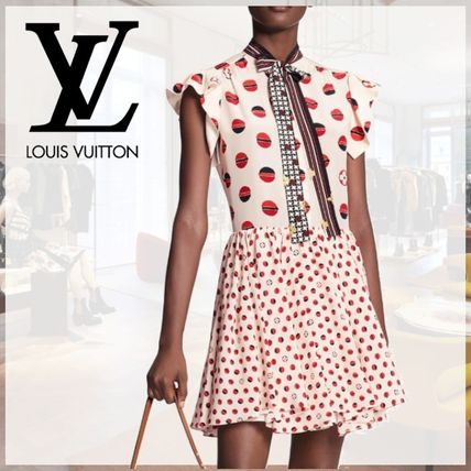 Louis Vuitton Short Dots Silk Flared Short Sleeves Dresses 
