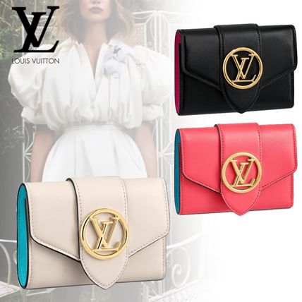 Louis Vuitton PONT NEUF Bi color Plain Leather Folding Wallet Logo Folding Wallets 