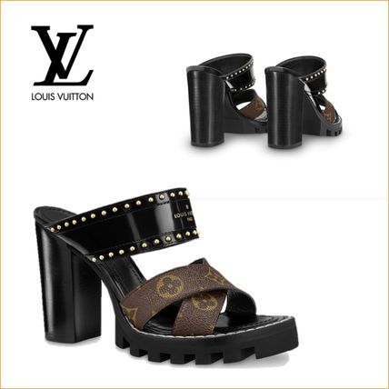 Louis Vuitton Monogram Open Toe Platform Leather Block Heels Chunky Heels