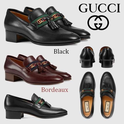 GUCCI 2020 SS Round Toe Plain Leather Block Heels Elegant Style Logo 