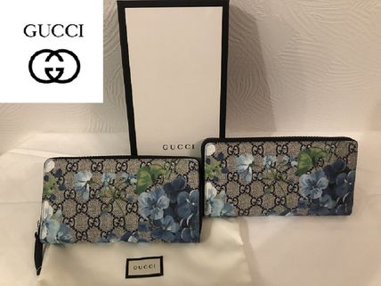 GUCCI Flower Patterns Calfskin Canvas Nylon Leather Long Wallet 