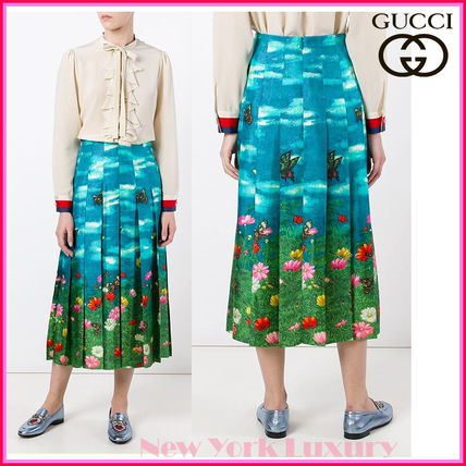 GUCCI Flower Patterns Casual Style Silk Pleated Skirts Medium Long