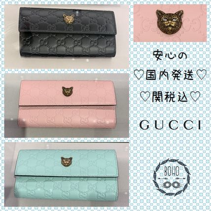 GUCCI Plain Leather Logo Long Wallets 