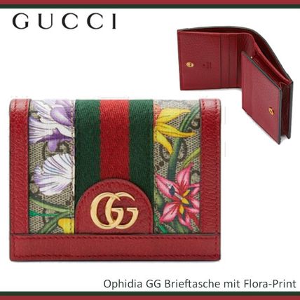 GUCCI Ophidia 2020 SS Flower Patterns Monogram Canvas Leather Folding Wallet 