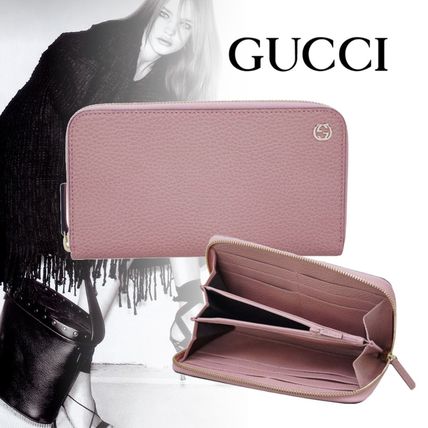 GUCCI Unisex Plain Leather Logo Long Wallets 
