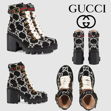 GUCCI 2019 20AW Rubber Sole Casual Style Tweed Block Heels Logo 