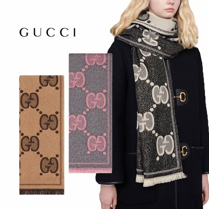 GUCCI 2020 21AW Unisex Wool Logo KnitFur Scarves