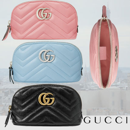 GUCCI GG Marmont 2020 SS Plain Leather Logo PouchesCosmetic Bags