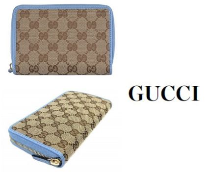 GUCCI GUCCI Blue Beige Canvas GG Guccissima Medium Zip Around Wall 