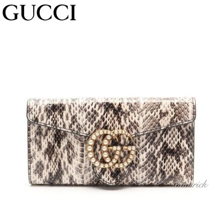 GUCCI GG Marmont Plain Leather Python Long Wallet Logo Long Wallets 