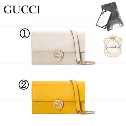 GUCCI Plain Leather Chain Wallet Logo Folding Wallets 