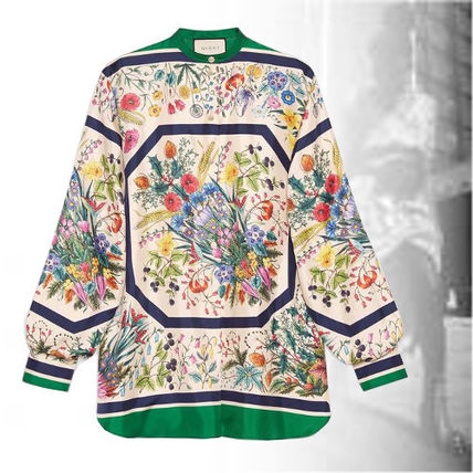 GUCCI 2018 19AW Flower Patterns Silk Long Sleeves Oversized Elegant Style 