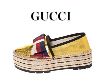 GUCCI 2019 20AW Metallic Calfskin Sylvie Platform Espadrilles Gold #497594 