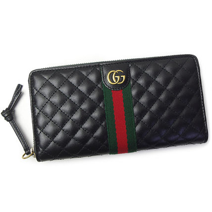 GUCCI Stripes Unisex Blended Fabrics Leather Long Wallet Logo 