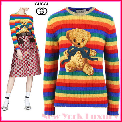 GUCCI Crew Neck Stripes Casual Style Wool Cashmere Long Sleeves 501393 