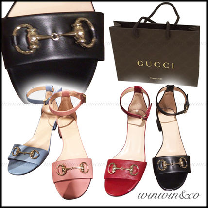 GUCCI Open Toe Plain Leather Block Heels Elegant Style Shoes 