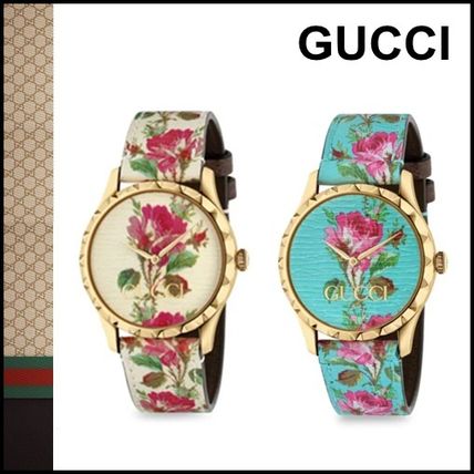 GUCCI Casual Style Leather Round Quartz Watches Stainless 