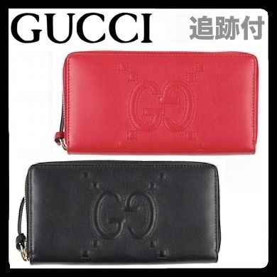 GUCCI Gucci Signature Leather Monogram Unisex Plain Leather Handmade Long Wallet Logo 