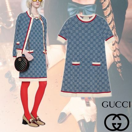 GUCCI Crew Neck Short A line Wool Plain Short Sleeves Dresses 